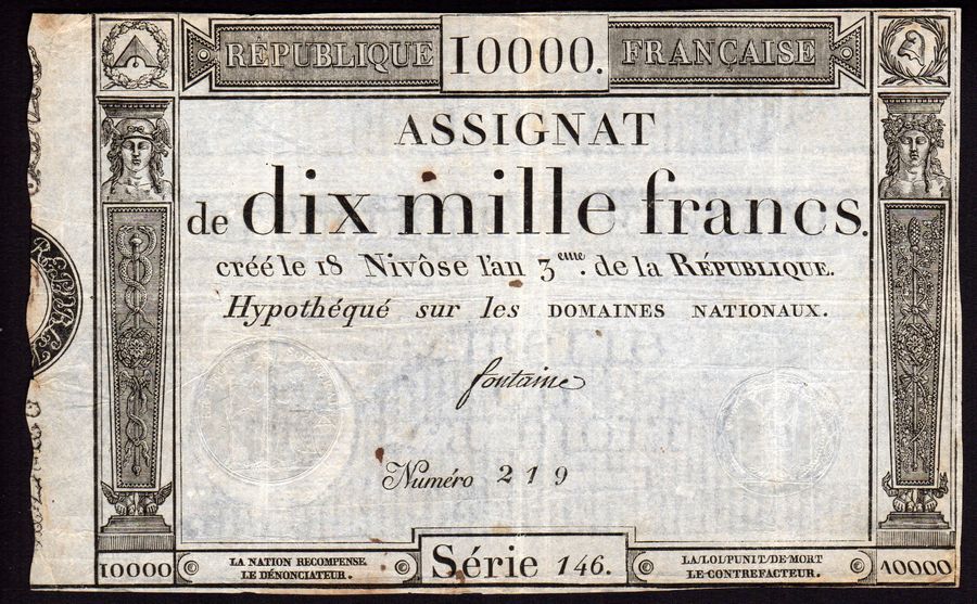 France, P-A82, 1795 10,000 Francs. Series 146, Serial Number 219, Fontaine